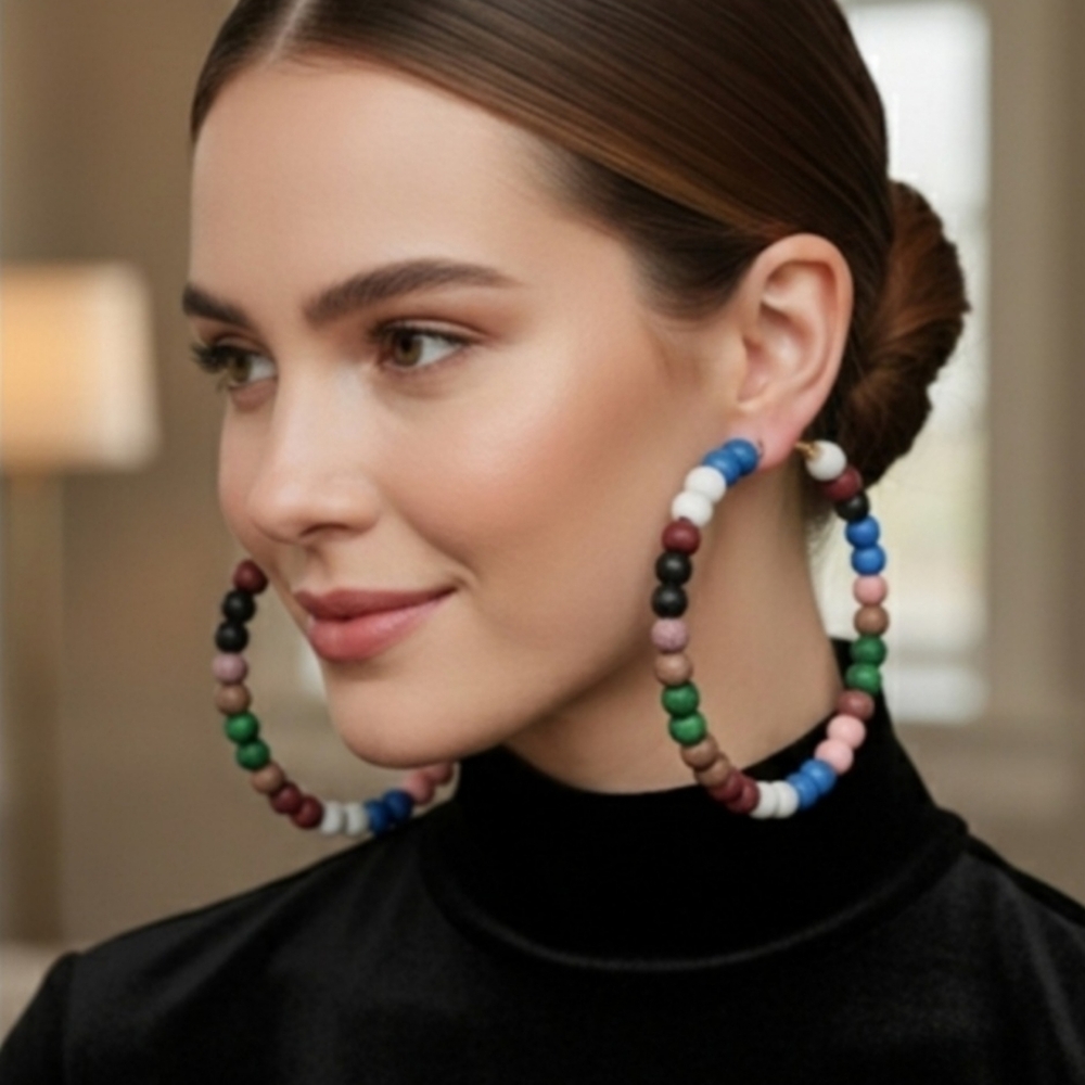Extra-large earrings with wooden beads, super lightweight and easy to wear. 8 cm - Picture 1 of 12
